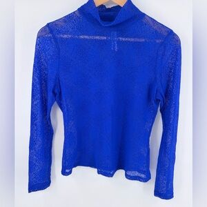 Anthropologie women’s sheer lace long sleeve turtleneck top sapphire blue sz M